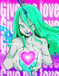 Size: 1000x1272 | Tagged: safe, artist:hobilo, queen chrysalis, changeling, human, g4, bedroom eyes, crown, fangs, female, fingernails, heart, horn, humanized, jewelry, looking at you, open mouth, regalia, slit pupils, smiling, solo, teeth, text, tongue out, wings