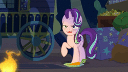 Size: 1280x720 | Tagged: safe, screencap, starlight glimmer, pony, unicorn, g4, road to friendship, animated, bags under eyes, cactus, campfire, carrot, chest, evil, faic, female, fire, food, insanity face, laughing, loop, mare, palm tree, pillow, plate, raised hoof, shadow, smoke bomb, solo, sound, stars, tree, trixie's wagon, webm