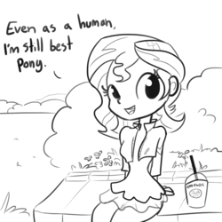 Size: 1280x1280 | Tagged: safe, artist:tjpones, sunset shimmer, equestria girls, g4, best pony, cute, dialogue, drinking straw, female, grayscale, monochrome, shimmerbetes, simple background, sitting, solo, starbucks, truth