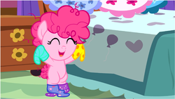 Size: 1284x724 | Tagged: safe, artist:magpie-pony, pinkie pie, earth pony, pony, g4, baby pie, bed, clothes, cute, diapinkes, dresser, female, it came from youtube, magpiepony is trying to murder us, socks, solo, youtube link