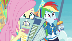Size: 1920x1080 | Tagged: safe, screencap, fluttershy, rainbow dash, equestria girls, equestria girls specials, g4, my little pony equestria girls: better together, my little pony equestria girls: rollercoaster of friendship, cute, drink, equestria land, female, geode of super speed, magical geodes, shyabetes