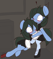 Size: 2000x2238 | Tagged: dead source, safe, artist:an-m, oc, oc only, oc:abstract module, oc:reflect decrypt, earth pony, pony, bipedal, blushing, clothes, clumsy, cute, dress, female, high res, incest, maid, pantyhose, pony oc, shoes, skirt, surprised, twincest, twins