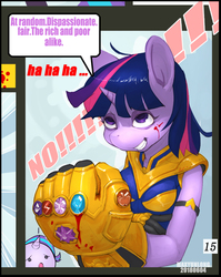 Size: 1111x1395 | Tagged: safe, artist:maxyunlong, starlight glimmer, twilight sparkle, alicorn, unicorn, anthro, g4, avengers: infinity war, blood, duo, elements of harmony, female, harmony gauntlet, infinity gauntlet, marvel, thanos, twilight sparkle (alicorn), tyrant sparkle, xk-class end-of-the-world scenario