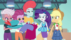 Size: 1920x1080 | Tagged: safe, screencap, applejack, candyberry, fluorite fire, pearl pompadour, pilot pearl, rarity, equestria girls, equestria girls specials, g4, my little pony equestria girls: better together, my little pony equestria girls: rollercoaster of friendship, background human, geode of shielding, geode of super strength, rarity peplum dress