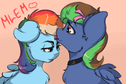 Size: 1340x890 | Tagged: safe, artist:kittytitikitty, rainbow dash, oc, oc:twisted cyclone, pegasus, pony, g4, bow, canon x oc, chest fluff, collar, cute, feather, female, licking, mare, mlem, nose wrinkle, ribbon, shipping, simple background, tongue out, wings