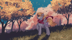 Size: 1920x1080 | Tagged: safe, artist:xjenn9, derpy hooves, pegasus, pony, g4, chest fluff, city, clothes, crescent moon, ear fluff, female, happy, mare, moon, open mouth, park, raised hoof, saddle bag, scarf, scenery, smiling, solo, spread wings, tree, wind, windswept mane, wings