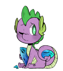 Size: 943x1066 | Tagged: safe, artist:urbanqhoul, spike, dragon, g4, baby, baby dragon, crystal, cute, fangs, green eyes, male, one eye closed, one eye open, scales, signature, simple background, sitting, snaggletooth, solo, spikabetes, transparent background