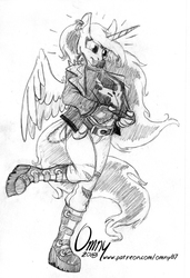 Size: 800x1168 | Tagged: safe, artist:omny87, princess luna, anthro, g4, black and white, boots, clothes, female, grayscale, jacket, leather jacket, monochrome, punk, shoes, solo