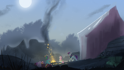 Size: 1920x1080 | Tagged: safe, artist:hierozaki, rainbow dash, rarity, scootaloo, sweetie belle, pegasus, pony, unicorn, g4, campfire, camping, clothes, female, fire, mare, moon, night, scarf, sleeping