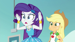 Size: 1920x1080 | Tagged: safe, screencap, applejack, rarity, equestria girls, equestria girls specials, g4, my little pony equestria girls: better together, my little pony equestria girls: rollercoaster of friendship, bracelet, clothes, collar, cowboy hat, female, freckles, frustrated, geode of shielding, geode of super strength, hair, hairpin, hand on hip, hat, jewelry, makeup, ponytail, rarity peplum dress, shirt, t-shirt, teenager