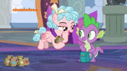 Size: 1280x720 | Tagged: safe, screencap, cozy glow, spike, dragon, pegasus, pony, g4, school raze, animated, backpack, female, filly, implied starlight glimmer, nickelodeon, sound, webm, winged spike, wings