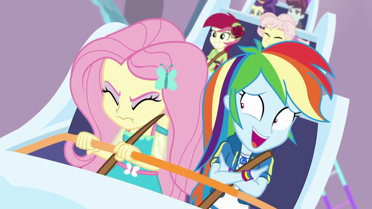 1828575 - safe, screencap, apple rose, fluttershy, rainbow dash, roseluck,  equestria girls, equestria girls series, rollercoaster of friendship,  background human, female - Derpibooru