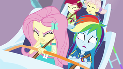 Size: 1920x1080 | Tagged: safe, screencap, fluttershy, rainbow dash, roseluck, equestria girls, equestria girls specials, g4, my little pony equestria girls: better together, my little pony equestria girls: rollercoaster of friendship, background human, female, geode of super speed, magical geodes, unnamed character, unnamed human