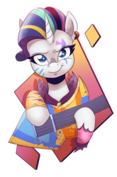 Size: 873x1319 | Tagged: safe, artist:saturdaymorningproj, rarity, pony, unicorn, g4, alternate hairstyle, electric guitar, female, guitar, looking at you, mare, musical instrument, punk, raripunk, simple background, solo, transparent background