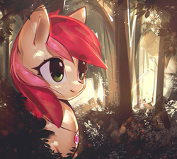 Size: 1201x1082 | Tagged: safe, artist:mirroredsea, roseluck, earth pony, pony, g4, crepuscular rays, eye clipping through hair, female, forest, jewelry, mare, morning, necklace, scenery, smiling, solo, tree