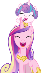 Size: 3000x5121 | Tagged: safe, artist:cloudy glow, princess cadance, princess flurry heart, alicorn, pony, g4, road to friendship, baby, baby pony, cheering, cute, cutedance, eyes closed, female, flurry heart riding cadance, flurrybetes, hoof shoes, mare, mother and daughter, open mouth, open smile, parent and child, ponies riding ponies, pony hat, raised hoof, riding, simple background, smiling, transparent background, vector