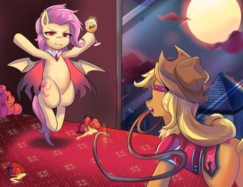 1828634 Apple Applejack Artist Tzc Bat Pony Castlevania Cowboy Hat Crossover Dracula Female Flutterbat Fluttershy Food Full Moon Hat Konami Lasso Moon Mouth Hold Night Race Swap Reference Rope Safe Stetson Vampire