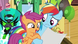 Size: 1920x1080 | Tagged: safe, screencap, rainbow dash, scootaloo, pegasus, pony, g4, the washouts (episode), discovery family logo, duo, female, filly, foal, mare, open mouth, poster