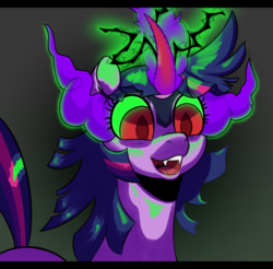 Size: 849x834 | Tagged: safe, artist:4th, derpibooru exclusive, twilight sparkle, pony, unicorn, g4, curved horn, dark magic, evil grin, female, grin, horn, magic, possessed, smiling, solo, sombra eyes, sombra horn