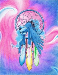 Size: 1255x1629 | Tagged: safe, artist:philo5, princess luna, alicorn, pony, g4, abstract background, beads, dream walker luna, dreamcatcher, dreamcaught luna, feather, female, luna is not amused, mare, solo, stuck, traditional art, trapped, unamused