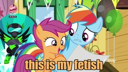 Size: 1920x1080 | Tagged: safe, edit, edited screencap, screencap, rainbow dash, scootaloo, pegasus, pony, g4, the washouts (episode), female, filly, foal, image macro, mare, meme, poster, that is my fetish, varying degrees of want