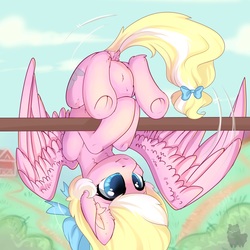 Size: 2048x2048 | Tagged: safe, artist:alphadesu, oc, oc only, oc:bay breeze, pegasus, pony, bow, cute, ear fluff, female, hair bow, high res, mare, spread wings, tail bow, underhoof, upside down, wings