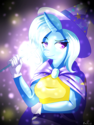 Size: 2592x3456 | Tagged: safe, artist:rmhess, trixie, unicorn, anthro, g4, cape, clothes, female, hat, high res, looking at you, solo, trixie's cape, trixie's hat, wand
