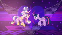 Size: 3840x2160 | Tagged: safe, artist:cloudy glow, artist:laszlvfx, edit, princess cadance, princess flurry heart, twilight sparkle, alicorn, pony, g4, baby, baby pony, cute, cutedance, female, filly, flurrybetes, foal, high res, hoof shoes, mare, open mouth, sisters-in-law, sunshine sunshine, trio, trio female, twilight sparkle (alicorn), wallpaper, wallpaper edit