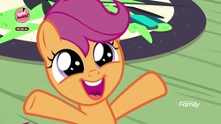 Size: 1920x1080 | Tagged: safe, screencap, scootaloo, pegasus, pony, g4, the washouts (episode), cute, cutealoo, discovery family logo, female, filly, happy, hooves in air, open mouth, solo