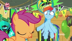 Size: 1920x1080 | Tagged: safe, screencap, rainbow dash, scootaloo, pony, g4, the washouts (episode), balloon, discovery family logo, eyes closed