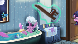 Size: 1920x1080 | Tagged: safe, artist:hierozaki, princess celestia, princess luna, starlight glimmer, twilight sparkle, alicorn, pony, unicorn, g4, bart hits homer with a chair, bath, bathtub, claw foot bathtub, female, glowing horn, hat, horn, magic, male, music notes, nightcap, pure unfiltered evil, shower cap, simpsons did it, singing, singing in the shower, sleepy, telekinesis, the simpsons, this will end in pain, this will end in tears, twilight sparkle (alicorn)