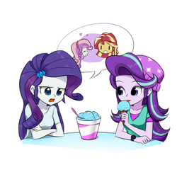 Size: 1000x1000 | Tagged: safe, artist:twilite-sparkleplz, rarity, starlight glimmer, sunset shimmer, sweetie belle, equestria girls, g4, beanie, crossed arms, female, food, hat, heart, ice cream, ice cream cone, jealous, licking, open mouth, simple background, speech bubble, spoon, talking, tongue out, watch, white background