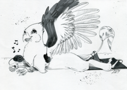 Size: 1736x1234 | Tagged: safe, artist:ellisarts, oc, oc only, oc:der, griffon, earbuds, lying down, male, micro, monochrome, mp3 player, music, music notes, solo, traditional art