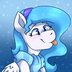 Size: 750x750 | Tagged: safe, artist:laydeekaze, oc, oc only, oc:snow-wing, pegasus, pony, catching snowflakes, clothes, headband, scarf, smiling, snow, snowfall, tongue out