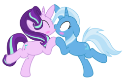 Size: 1658x1080 | Tagged: safe, artist:darkstorm619, derpibooru exclusive, starlight glimmer, trixie, pony, unicorn, g4, road to friendship, blushing, duo, female, floppy ears, french kiss, happy, kiss on the lips, kissing, lesbian, mare, pose, ship:startrix, shipping, shocked, simple background, transparent background