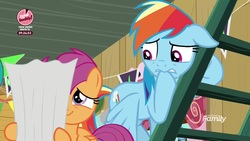 Size: 1920x1080 | Tagged: safe, screencap, rainbow dash, scootaloo, pony, g4, the washouts (episode), bake it like buddy, biting, discovery family logo, hoof biting, ladder, poster, wavy mouth