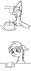 Size: 432x1000 | Tagged: safe, artist:dsb71013, oc, oc only, oc:night cap, cake, comic, food, hat, monochrome, party hat, younger