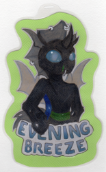 Size: 1239x2000 | Tagged: safe, artist:ruef, oc, oc only, oc:evening breeze, changeling, badge, con badge, piercing, scar, solo, text, traditional art