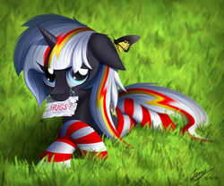 Size: 3000x2500 | Tagged: safe, artist:duskie-06, oc, oc only, oc:velvet remedy, butterfly, pony, unicorn, fallout equestria, clothes, crying, cute, cutie mark, fanfic, fanfic art, female, floppy ears, flower, grass, high res, hooves, horn, hug request, looking at you, lying down, mare, mouth hold, paper, sign, signature, socks, solo, striped socks, sunflower, text