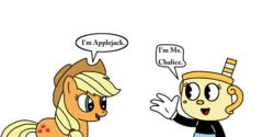Size: 1600x800 | Tagged: safe, artist:marcospower1996, artist:mega-shonen-one-64, applejack, earth pony, pony, g4, crossover, cuphead, dialogue, meeting, ms. chalice, simple background, studio mdhr, white background