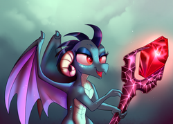 Size: 2000x1435 | Tagged: safe, artist:confetticakez, princess ember, dragon, g4, gauntlet of fire, bloodstone scepter, female, redraw, simple background, solo, staff, wings