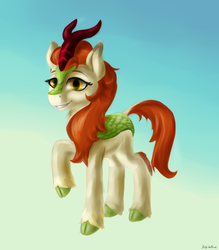 Size: 2500x2850 | Tagged: safe, artist:dukevonkessel, autumn blaze, kirin, g4, sounds of silence, female, high res, lidded eyes, looking at you, simple background, smiling, solo