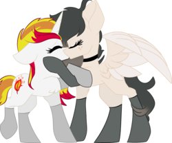 Size: 2724x2265 | Tagged: safe, artist:macadoptables, artist:xxcosmiccarrotxx, oc, oc only, oc:fall fire, oc:tai (ice1517), pegasus, pony, unicorn, base used, black socks, choker, clothes, eyes closed, female, freckles, high res, kissing, lesbian, mare, oc x oc, shipping, simple background, socks, stockings, thigh highs, white background