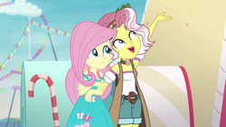 Size: 1920x1080 | Tagged: safe, screencap, fluttershy, vignette valencia, equestria girls, equestria girls specials, g4, my little pony equestria girls: better together, my little pony equestria girls: rollercoaster of friendship, clothes, dress, female, hand on shoulder, sleeveless, sleeveless dress