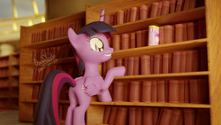 Size: 1920x1080 | Tagged: safe, artist:dashyoshi, twilight sparkle, alicorn, pony, g4, 3d, book, bookshelf, female, solo, that pony sure does love books, twilight sparkle (alicorn)