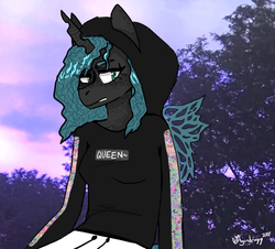 Size: 1090x986 | Tagged: safe, artist:itzdatag0ndray, queen chrysalis, anthro, g4, alternate hairstyle, angry, clothes, freckles, hoodie