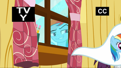 Size: 1279x722 | Tagged: safe, screencap, rainbow dash, pegasus, pony, g4, the washouts (episode), clubhouse, crusaders clubhouse, eavesdropping, faic, female, flag, mare, pencil, rainbow dash is best facemaker, smug, smugdash, solo, tv rating, tv-y