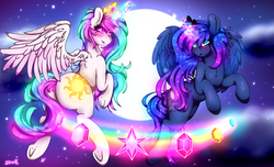 Size: 6381x3888 | Tagged: safe, artist:aaa-its-spook, princess celestia, princess luna, alicorn, pony, g4, absurd resolution, blushing, cloud, cloudy, crown, elements of harmony, eyeshadow, female, flying, glowing cutie mark, glowing horn, glowing mane, horn, jewelry, lipstick, looking at you, magic, makeup, moon, night, rainbow, regalia, sparkly mane, stars, sunbutt, underhoof, wings