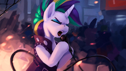Size: 1100x619 | Tagged: safe, artist:rodrigues404, rarity, pony, unicorn, g4, it isn't the mane thing about you, alternate hairstyle, clothes, concert, eyes closed, female, jacket, leather jacket, mare, microphone, punk, raripunk, singing, solo