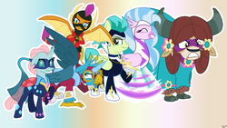 Size: 1920x1080 | Tagged: safe, artist:sintakhra, fili-second, gallus, masked matter-horn, mistress marevelous, ocellus, radiance, saddle rager, sandbar, silverstream, smolder, yona, zapp, changedling, changeling, classical hippogriff, dragon, earth pony, griffon, hippogriff, pony, yak, tumblr:studentsix, bow, clothes, cloven hooves, cosplay, costume, cute, diaocelles, diastreamies, dragoness, fake wings, female, gallabetes, group shot, hair bow, jewelry, male, monkey swings, necklace, outfit, power ponies, sandabetes, simple background, smolderbetes, species swap, student six, yonadorable